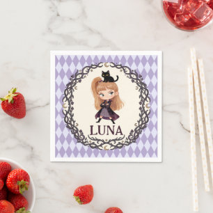 Chibi Witch One 1st Birthday Invitation Watercolor Napkins