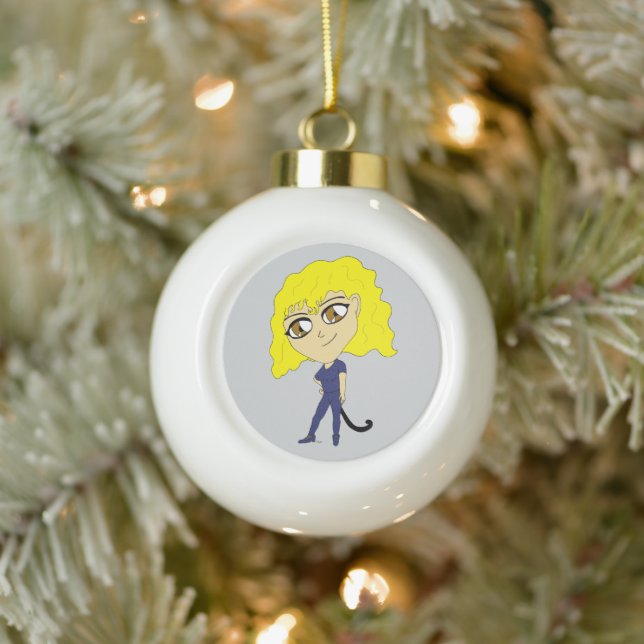 Chibi with a cat like tail ceramic ball christmas ornament (Tree)