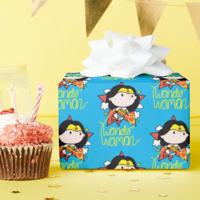 Chibi Wonder Woman Flying With Lasso Wrapping Paper (Birthday Party)