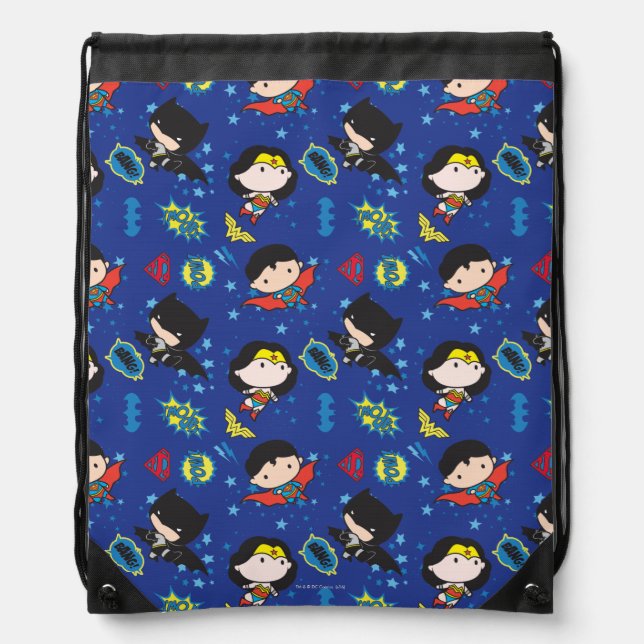Chibi Wonder Woman, Superman, and Batman Pattern Drawstring Bag (Front)