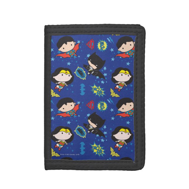 Chibi Wonder Woman, Superman, and Batman Pattern Trifold Wallet (Front Vertical)