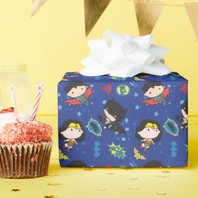Chibi Wonder Woman, Superman, and Batman Pattern Wrapping Paper (Birthday Party)