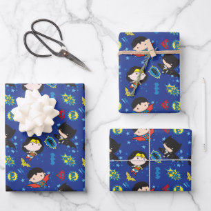 Chibi Wonder Woman, Superman, and Batman Pattern Wrapping Paper Sheets