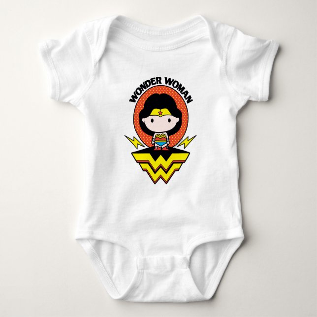 Chibi Wonder Woman With Polka Dots and Logo Baby Bodysuit (Front)