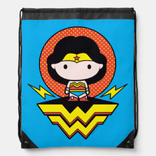 Chibi Wonder Woman With Polka Dots and Logo Drawstring Bag
