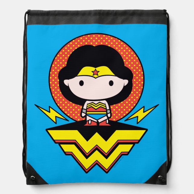 Chibi Wonder Woman With Polka Dots and Logo Drawstring Bag (Front)