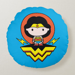 Chibi Wonder Woman With Polka Dots and Logo Round Pillow