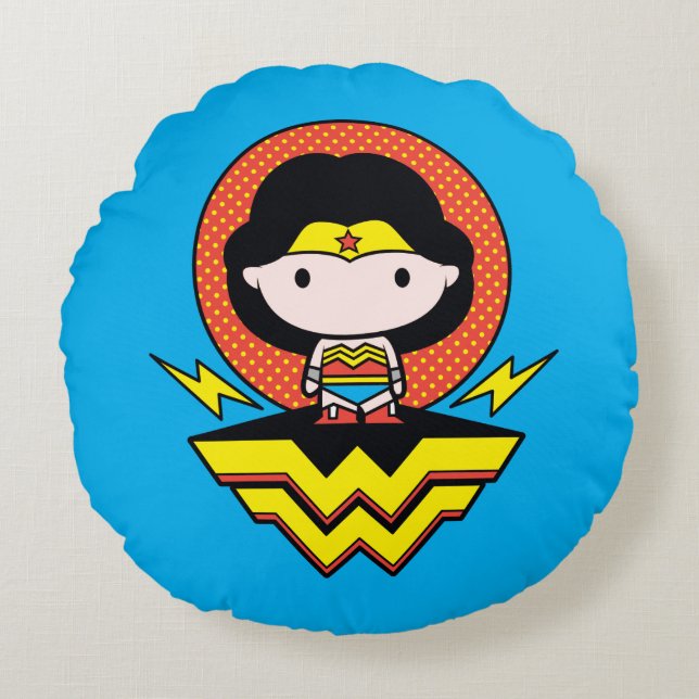 Chibi Wonder Woman With Polka Dots and Logo Round Pillow (Front)