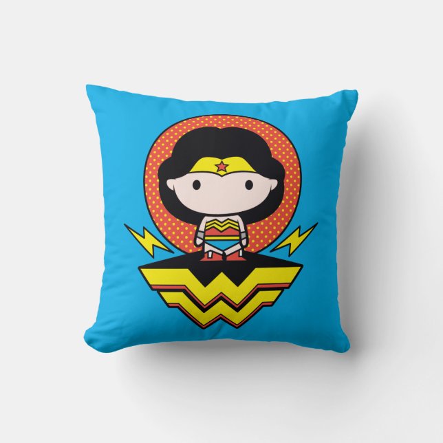 Chibi Wonder Woman With Polka Dots and Logo Throw Pillow (Front)