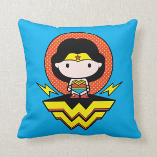 Chibi Wonder Woman With Polka Dots and Logo Throw Pillow