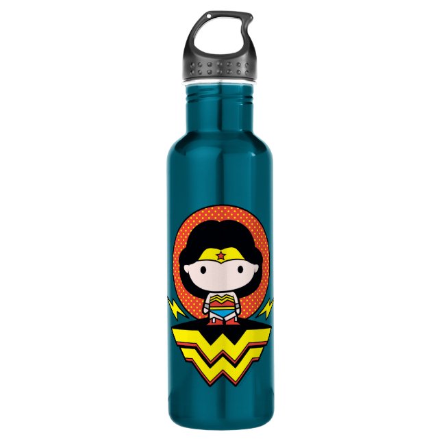 Chibi Wonder Woman With Polka Dots and Logo Water Bottle (Front)