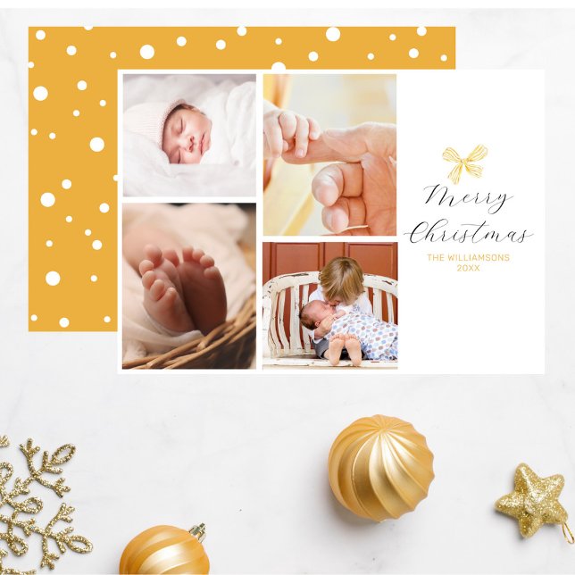 Chic4 Photo Collage Gold Bow Merry Christmas Holiday Card (Creator Uploaded)