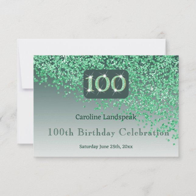 Chic 100 Birthday Green Glitter RSVP Card (Front)