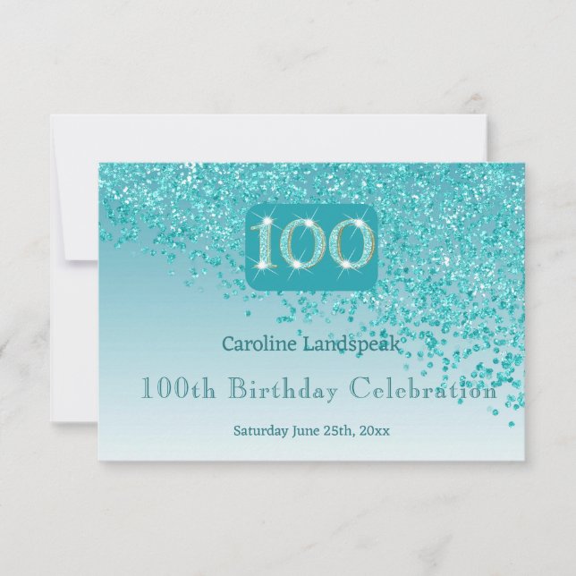 Chic 100 Birthday Teal Blue Glitter RSVP Card (Front)