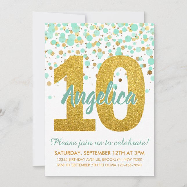 Chic 10th Birthday Mint Gold Glitter Confetti Girl Invitation (Front)