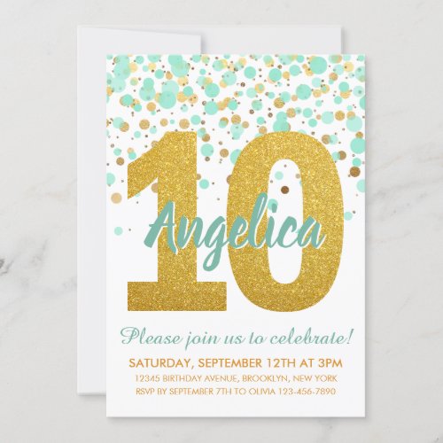 Chic 10th Birthday Mint Gold Glitter Confetti Girl Invitation