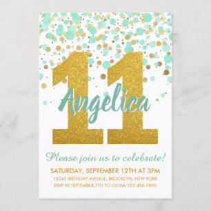 Chic 11th Birthday Mint Gold Glitter Confetti Girl Invitation