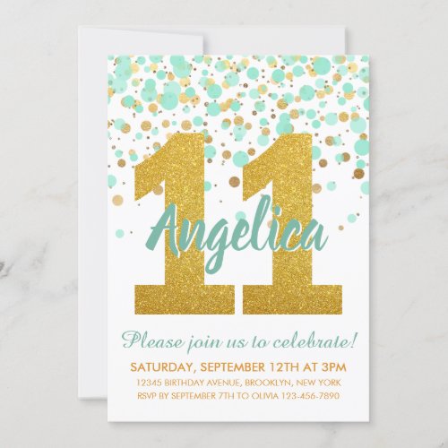 Chic 11th Birthday Mint Gold Glitter Confetti Girl Invitation