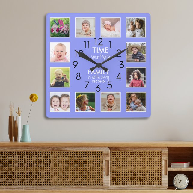 Chic 12 Photo Collage Family Time Quote Periwinkle Square Wall Clock (Chic 12 Photo Collage Family Time Quote Periwinkle Square Wall Clock)