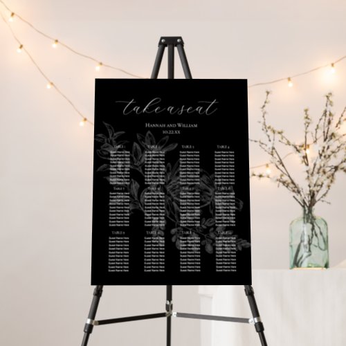 Chic 12 Table Black Script Floral Seating Chart Foam Board