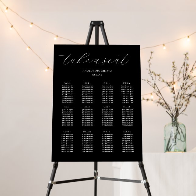 Chic 12 Table Black Script Seating Chart Foam Board (In Situ (Stand))