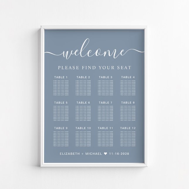 Chic 12 Table Dusty Blue Wedding Seating Chart (Creator Uploaded)