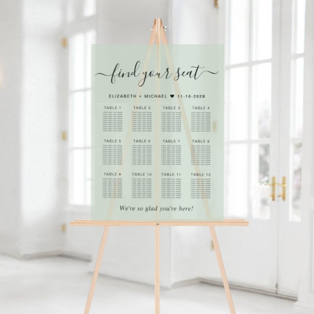 Chic 12 Table Sage Green Wedding Seating Frosted Acrylic Sign (Creator Uploaded)