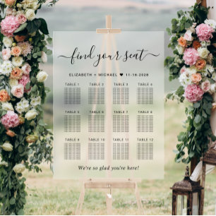 Chic 12 Table Wedding Seating Frosted Acrylic Sign