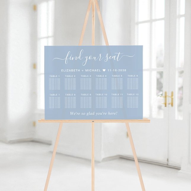 Chic 12 Table White Wedding Seating Dusty Blue Acrylic Sign (Creator Uploaded)