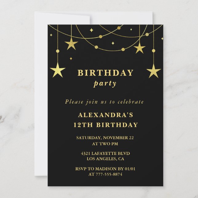 Chic 12th birthday Party invite Gold Stars (Front)