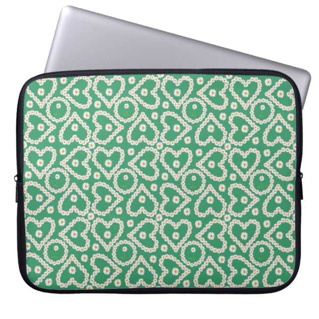 Chic 15-inch Laptop Sleeve: Daisy Chains on Green Laptop Sleeve (Front)