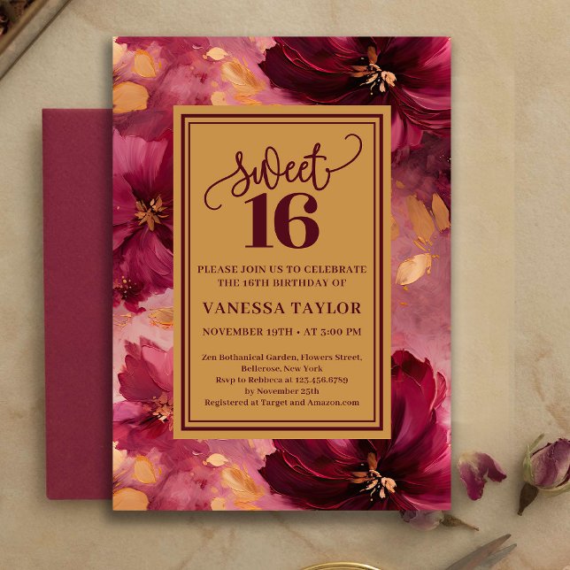 Chic 16th Birthday Burgundy Blush Gold Invitation (Chic 16th Birthday Burgundy Blush Gold Invitation)