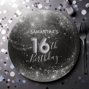 Chic 16th Birthday Silver Glitter & Black Paper Plates