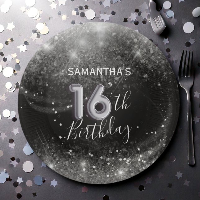 Chic 16th Birthday Silver Glitter & Black  Paper Plates (Creator Uploaded)