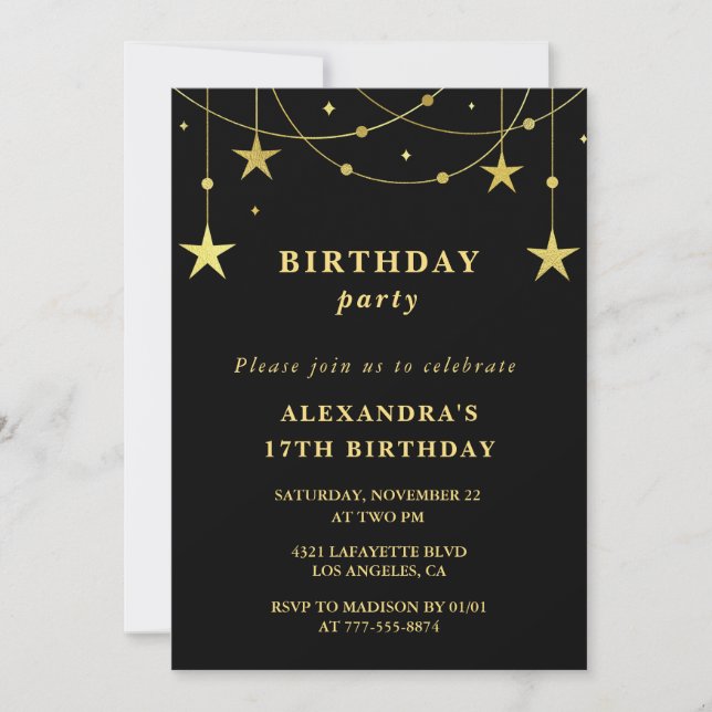 Chic 17th birthday Party invite Gold Stars (Front)