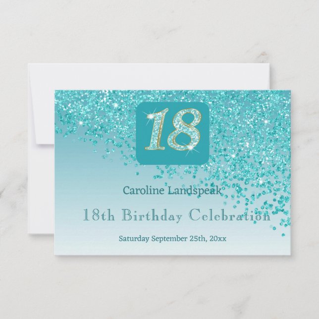 Chic 18 Birthday Teal Blue Glitter RSVP (Front)