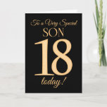 Chic 18th Gold-effect on Black for Son Birthday Card<br><div class="desc">A chic 18th Birthday Card for a 'Very Special Son',  with a number 18 composed of gold-effect numbers and the word 'Son',  in gold-effect,  on a black background. The inside message,  which you can change if you wish,  is 'Happy Birthday'</div>