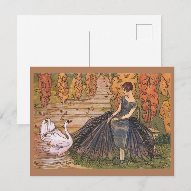 Chic 1920s French Art Deco Woman & Swan Pond Postcard (Front/Back)