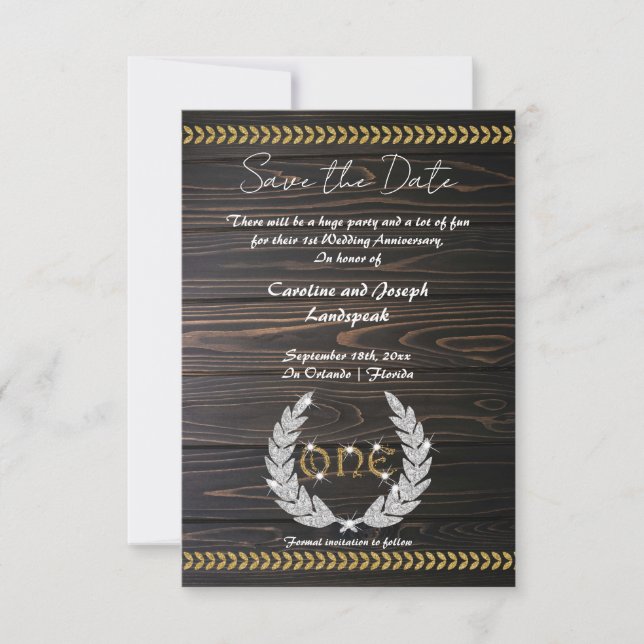 Chic 1st Anniversary Wood & Gold  Save the Date Invitation (Front)