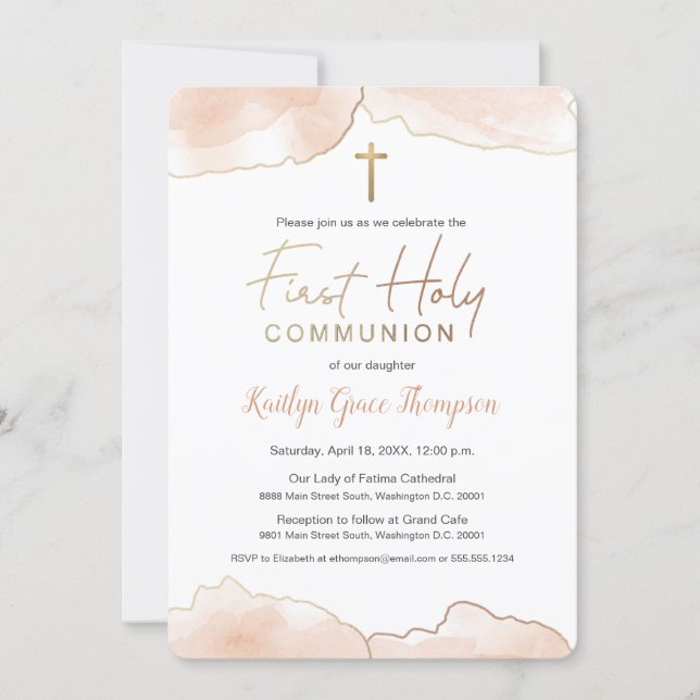 Chic 1st Communion Airy Soft pink watercolor Invitation (Front)