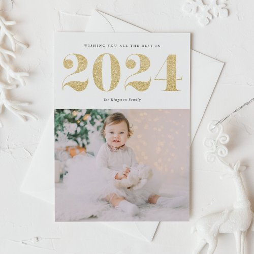 Chic 2024 Gold Glitter Happy New Year Photo Holiday Card