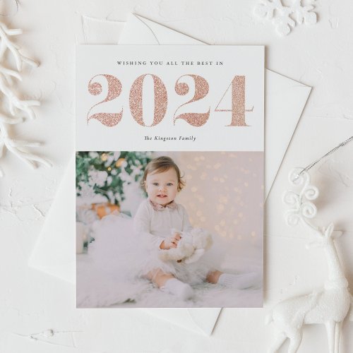 Chic 2024 Rose Gold Glitter Happy New Year Photo Holiday Card