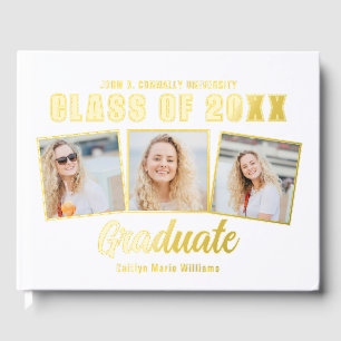 Chic 2025 Graduation 3 Photo Collage Gold Foil Guest Book