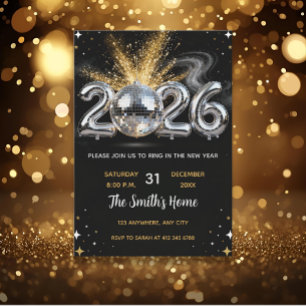 Chic 2026 New Year' Eve Party Gold Glitter Black Invitation