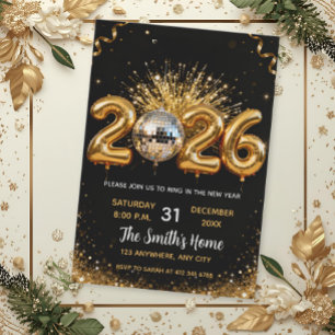 Chic 2026 New Year' Eve Party Gold Glitter Black  Invitation