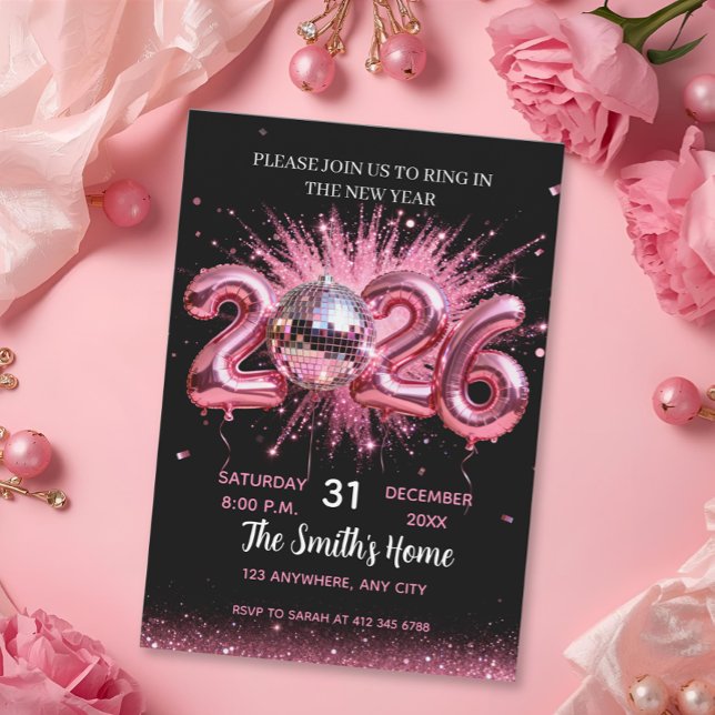 Chic 2026 New Year' Eve Party Pink Glitter Black  Invitation (Creator Uploaded)