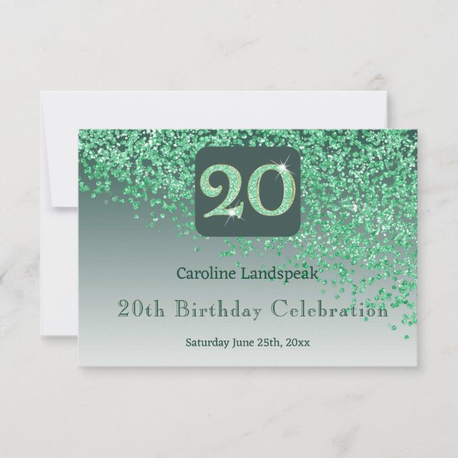 Chic 20 Birthday Green Glitter RSVP Card (Front)