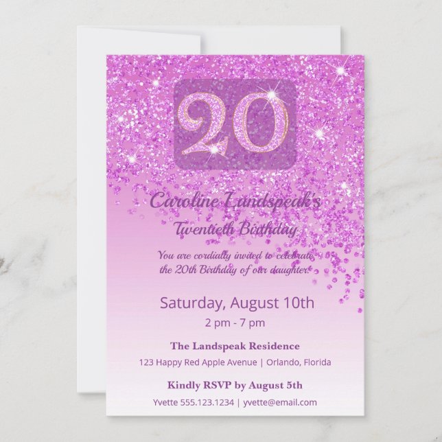Chic 20th Birthday Pink Glitter  Invitation (Front)