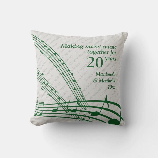 Chic 20th Emerald SWEET MUSIC Wedding Anniversary Throw Pillow (Front)