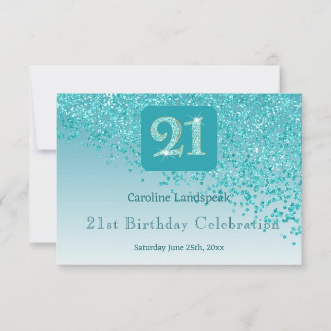 Chic 21 Birthday Teal Blue Glitter RSVP (Front)